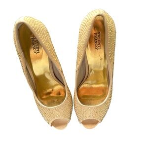Valenti Franco Gold Rhinestone 4.5” Stiletto Wedge Peep-Toe Platform Pumps